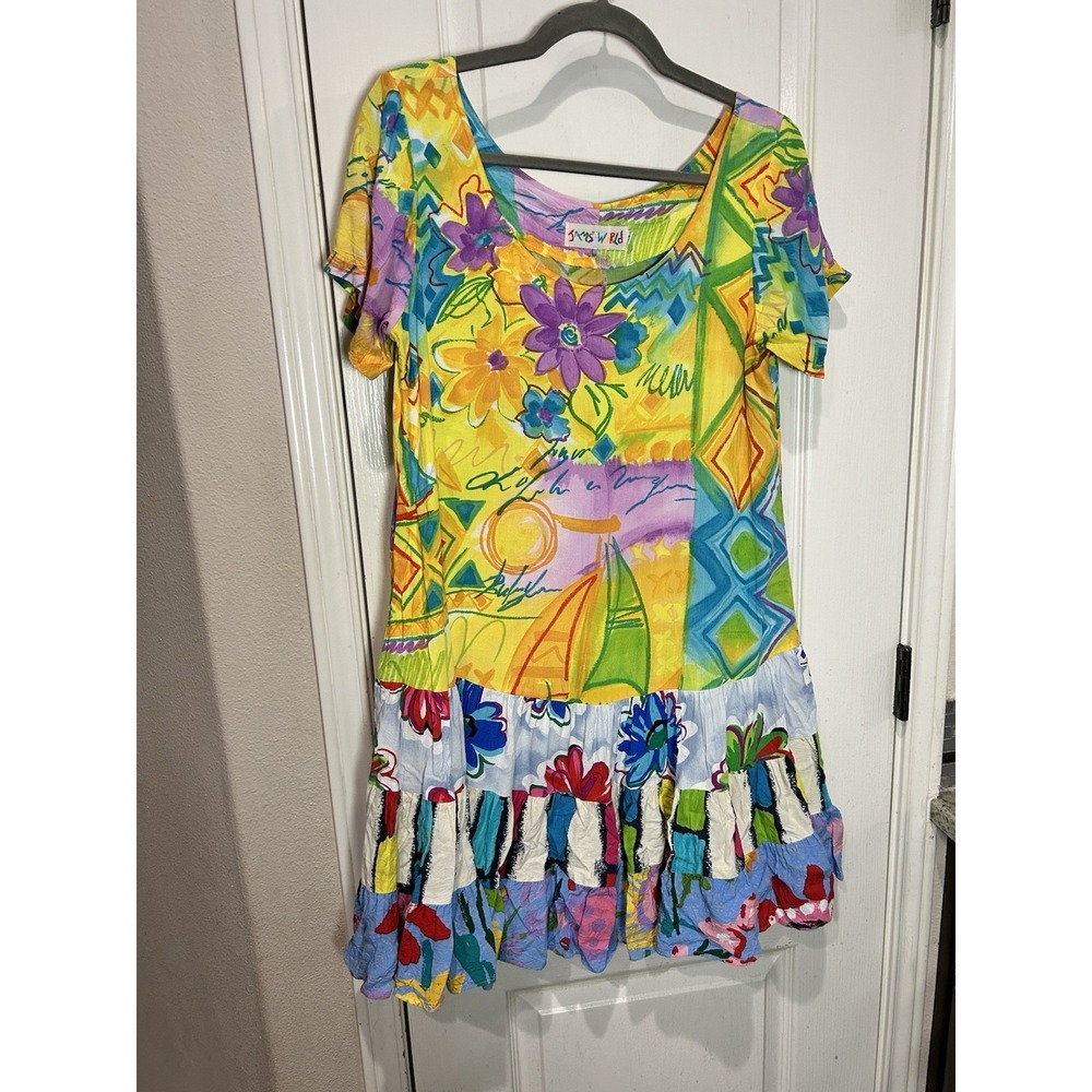 VTG Jams World Hattie Dress Tropical Watercolor Sailboat Rayon Sz M